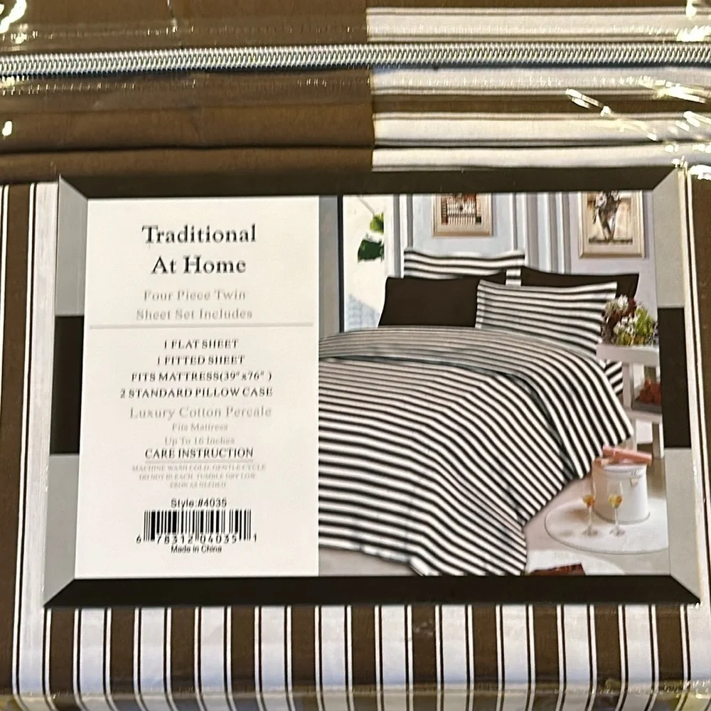 Traditional At Home 4pc Twin Sheet Set Brownie Brown with white stripes